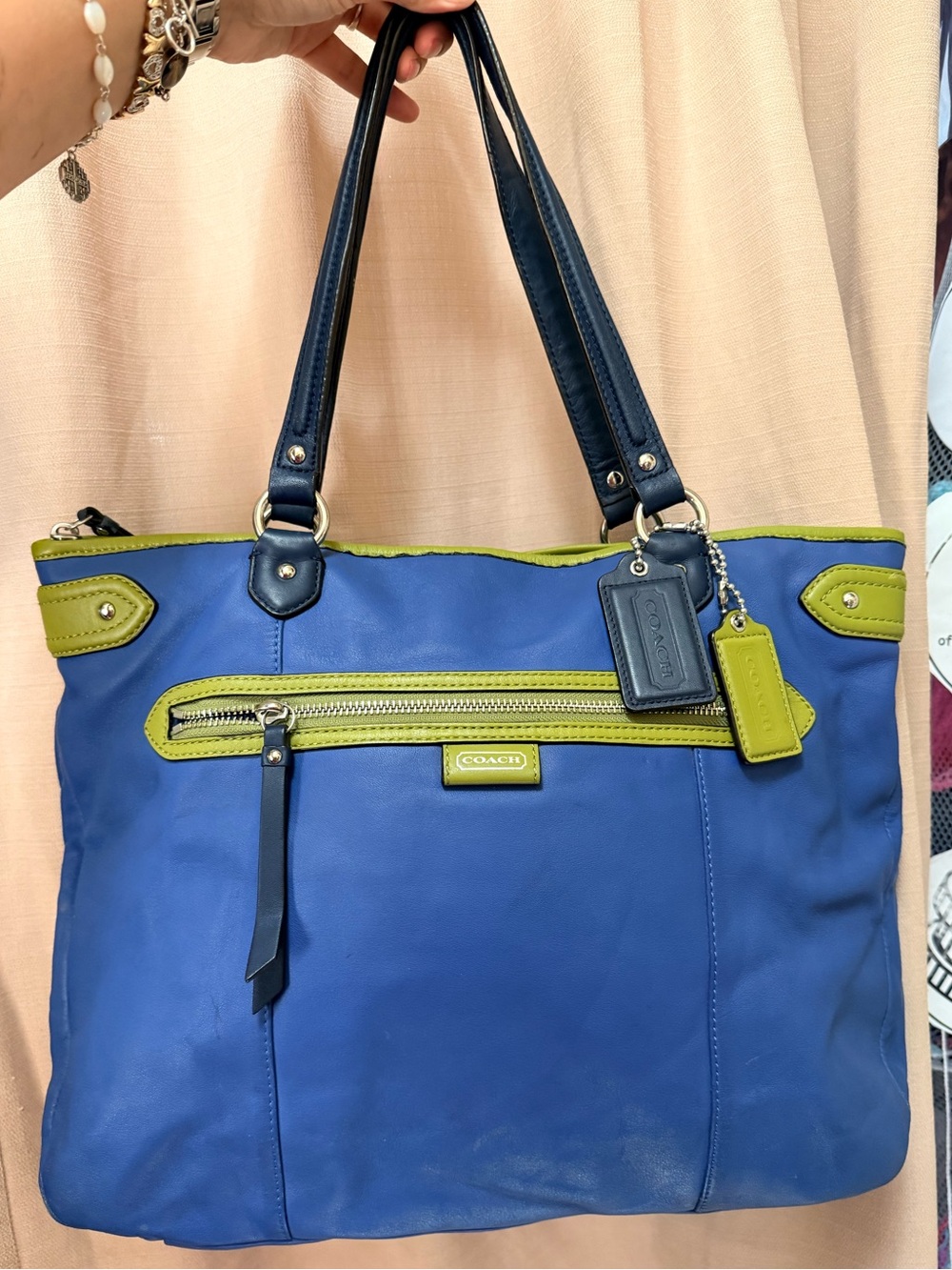 Coach Blue and Lime Contrast Leather Tote